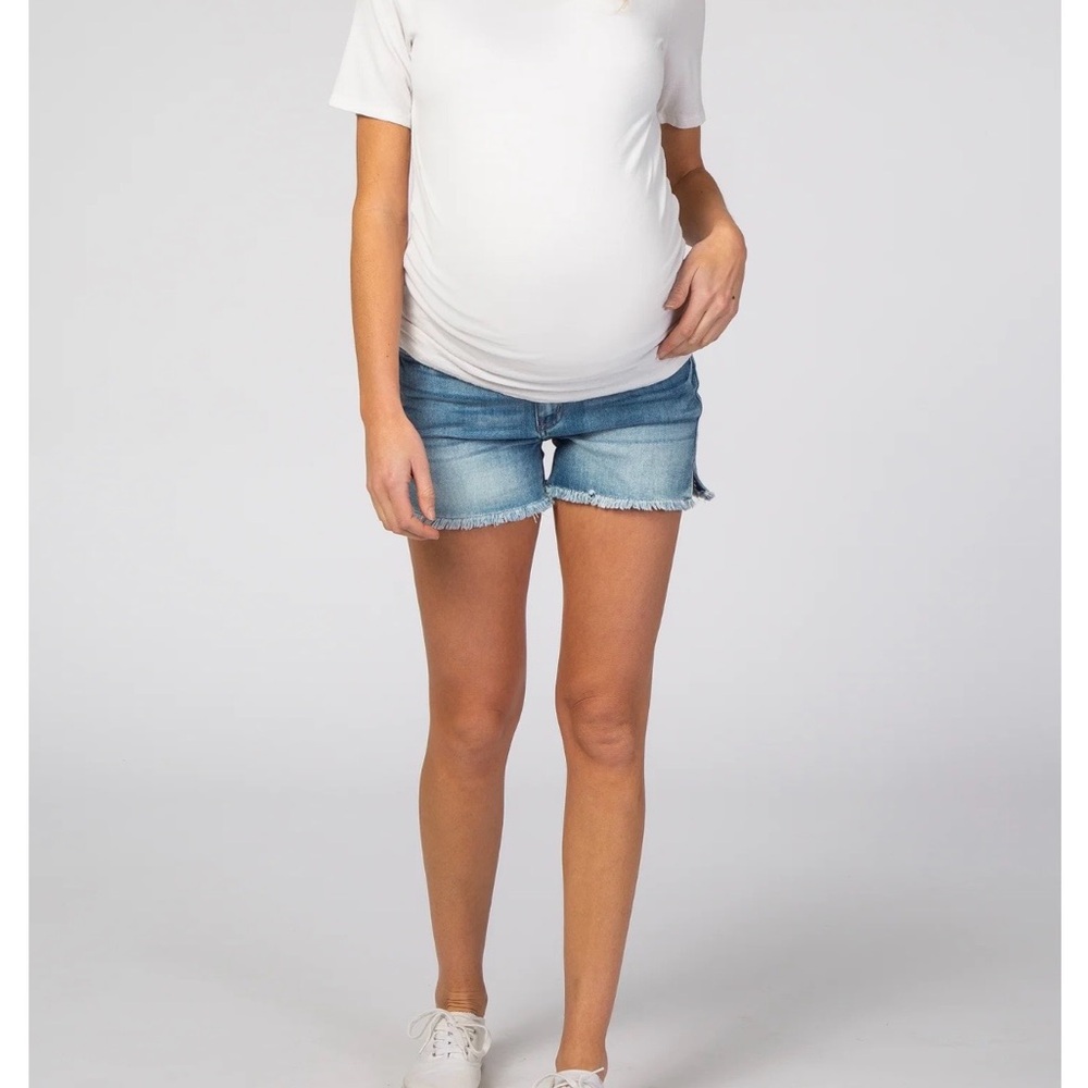 Blue Fringe Hem Maternity Denim Shorts